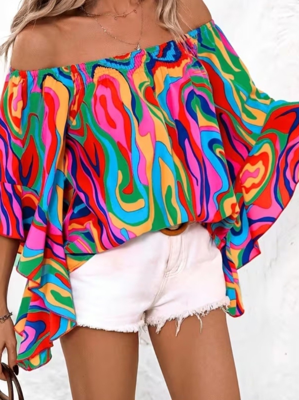 Off-Shoulder Multicolor Swirl Print Blouse - Picture 2 of 4